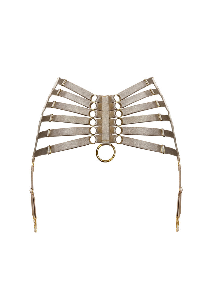 Bordelle Signature Webbed Satin Strappy Bondage Harness Caramel Suspenders - House Of Huntington