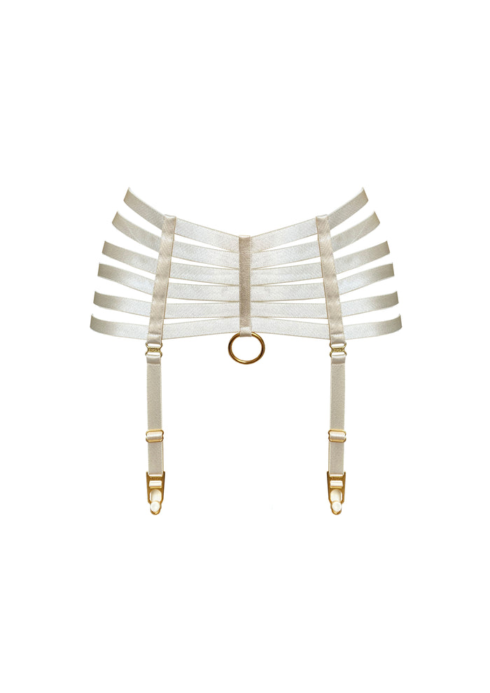 Bordelle Signature Webbed Satin Strappy Bondage Harness Cream Suspenders - House Of Huntington