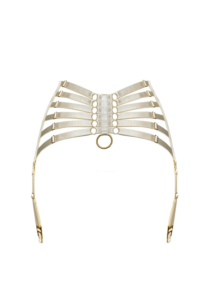Bordelle Signature Webbed Satin Strappy Bondage Harness Cream Suspenders - House Of Huntington