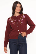 Petal and Pup USA KNITWEAR Brittany Placed Embroidery Flower Cardigan - Burgundy