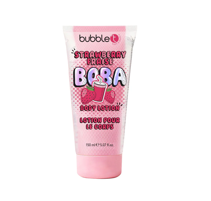 bubble t strawberry boba body lotion 150ml, lightweight lotion with strawberry fragrance, hydrates and softens skin, vegan-friendly and cruelty-free, ideal for everyday use