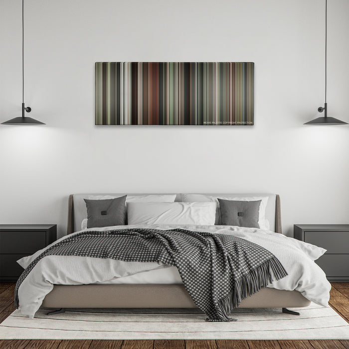 Burn After Reading color palette canvas above a bed, between two black pendant lamps