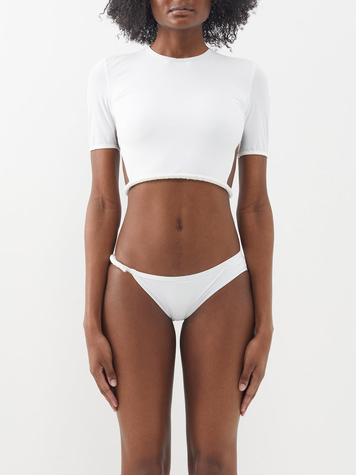 CHRISTOPHER ESBER White Seed Bead Embroidered Backless Tie-Up Bikini Top - House Of Huntington