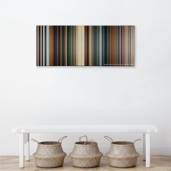Clash of the Titans color palette canvas above a white bench with three woven baskets