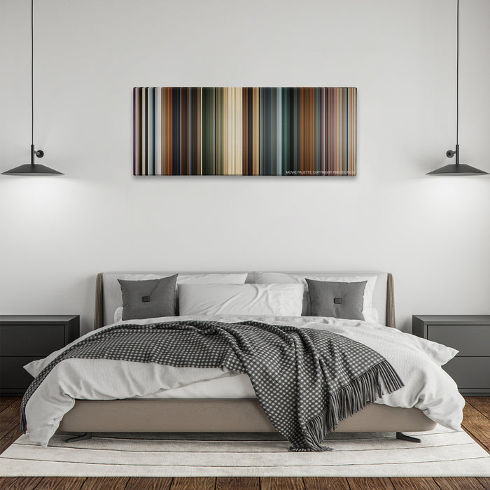 Clash of the Titans color palette canvas above a bed, between two black pendant lamps