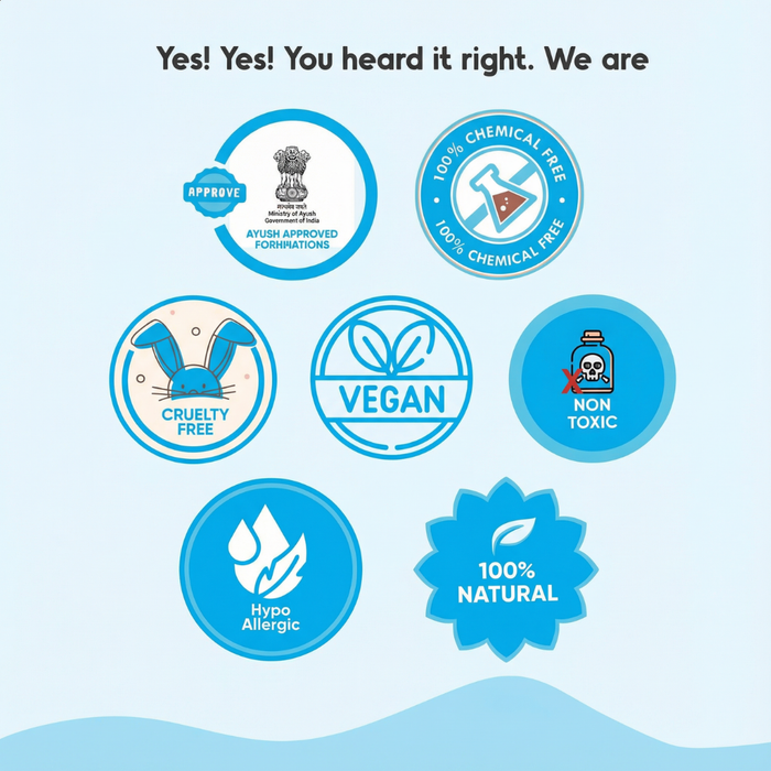 Set of blue icons indicating various product attributes on a light blue background