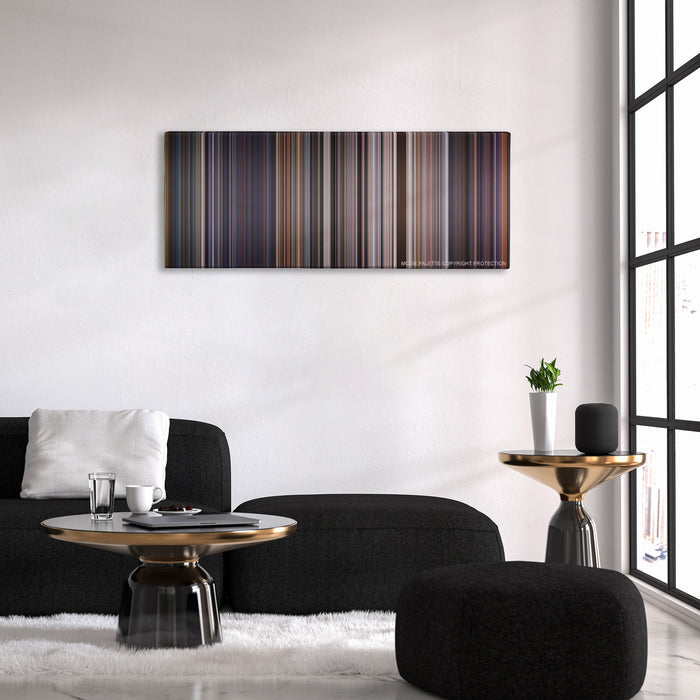 Con Air color palette canvas above a black sofa with a gold-topped table