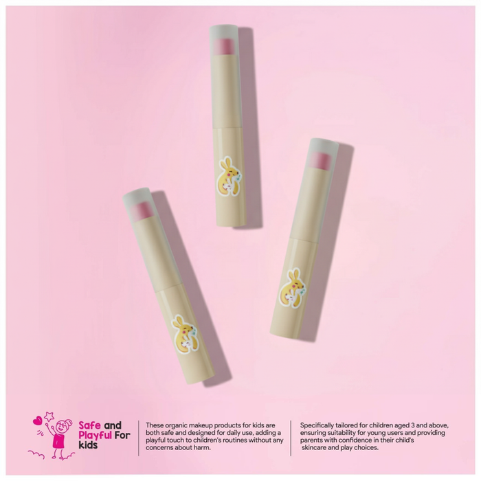 Three organic makeup products for kids on a pink background with branding text.