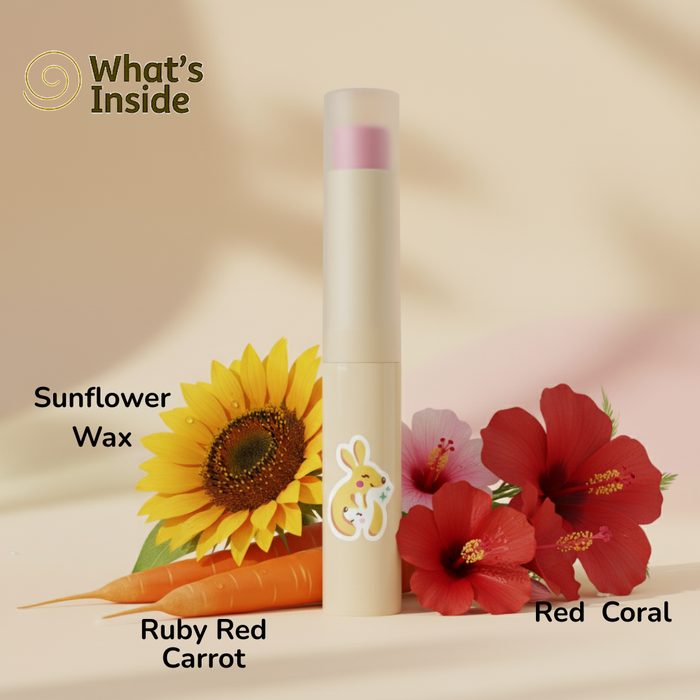 Product with sunflower, carrot, and red coral labeled on a beige background