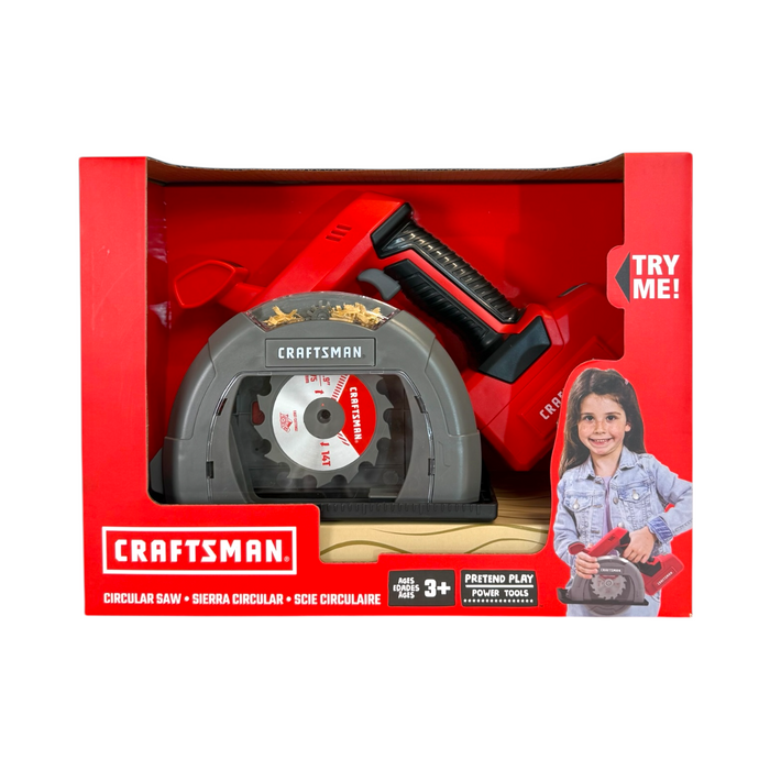 A red and gray Red Toolbox Craftsman Battery Operated Circular Saw toy in packaging, labeled for ages 3+, features “Try Me!” and “Pretend Play Power Tools”—perfect for kids’ roleplay fun.