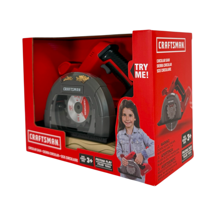 The Red Toolbox Craftsman Battery Operated Circular Saw is a boxed set for ages 3+, featuring a plastic roleplay saw. The red packaging shows a smiling child with the toy, along with product details and safety warnings.