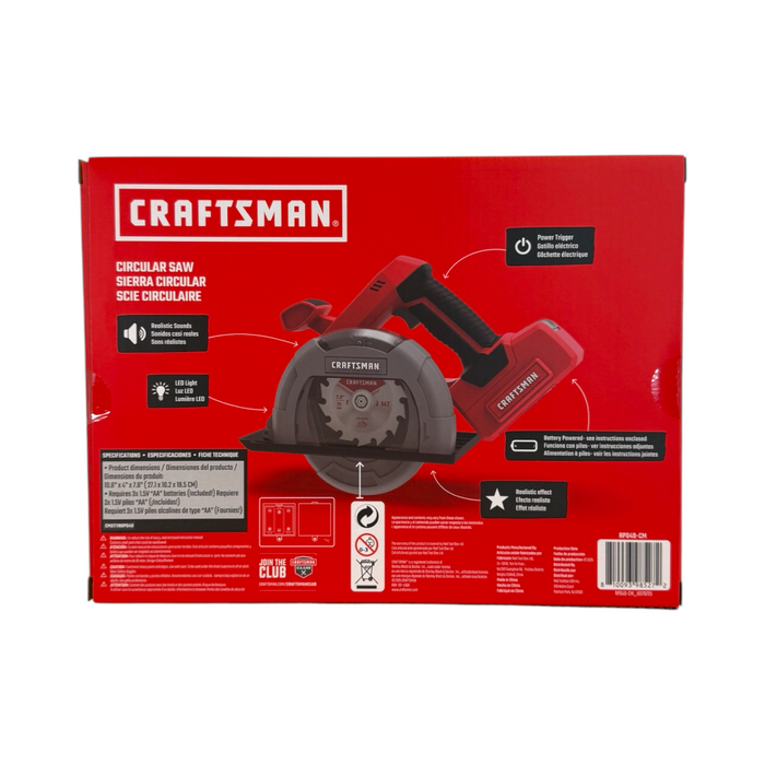 Red box packaging for the Red Toolbox Craftsman Battery Operated Circular Saw, with a photo of the toy tool, features, specs, and safety icons in English, Spanish, and French—ideal for kids' roleplay.
