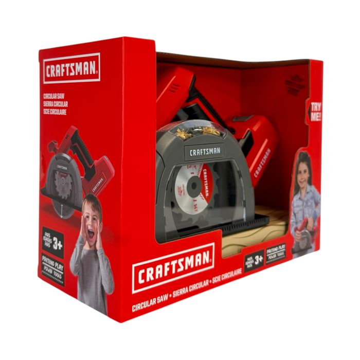 A boxed Red Toolbox Craftsman Battery Operated Circular Saw is shown for ages 3+, perfect for kids’ pretend play. The red packaging features toy images, a child playing, and an interactive Try Me! button.