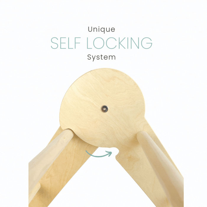 Close-up infographic of the Sapiens Child triangle wooden joints, showcasing the unique self-locking system for secure and stable active play, on a white background.