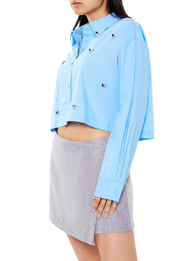 Cropped Faux Gem Poplin Shirt