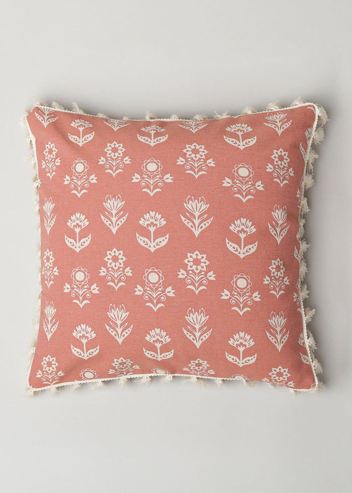 Dahlia Printed 100% cotton floral cushion cover for sofa with tassels - Rust