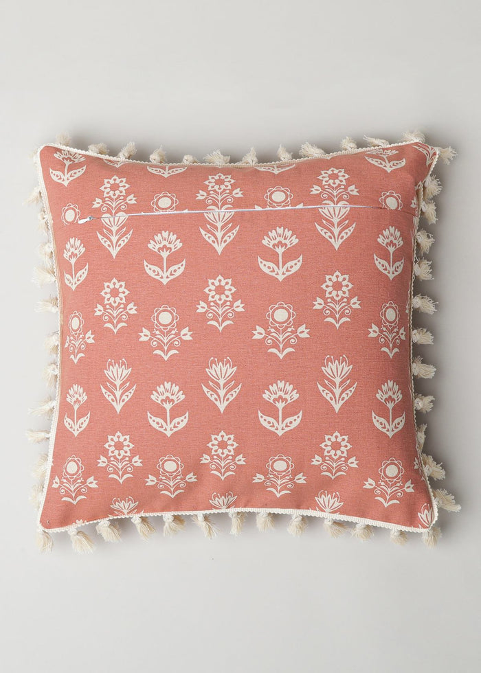 Dahlia Printed 100% cotton floral cushion cover for sofa with tassels - Rust