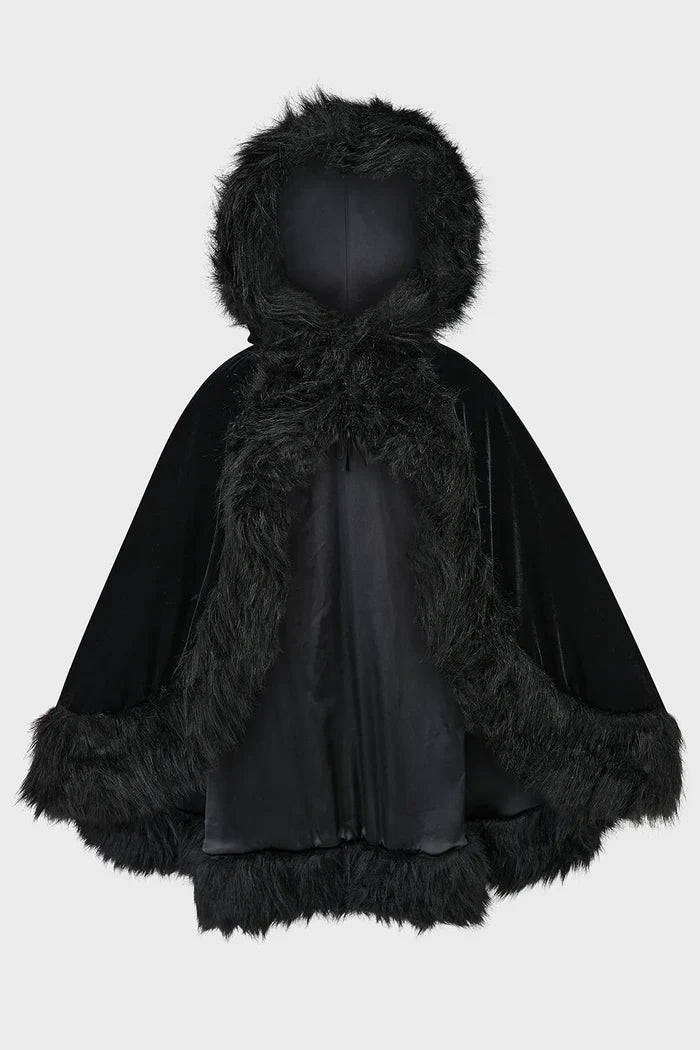 Black hooded cape cloak coat with faux fur trim on a white background