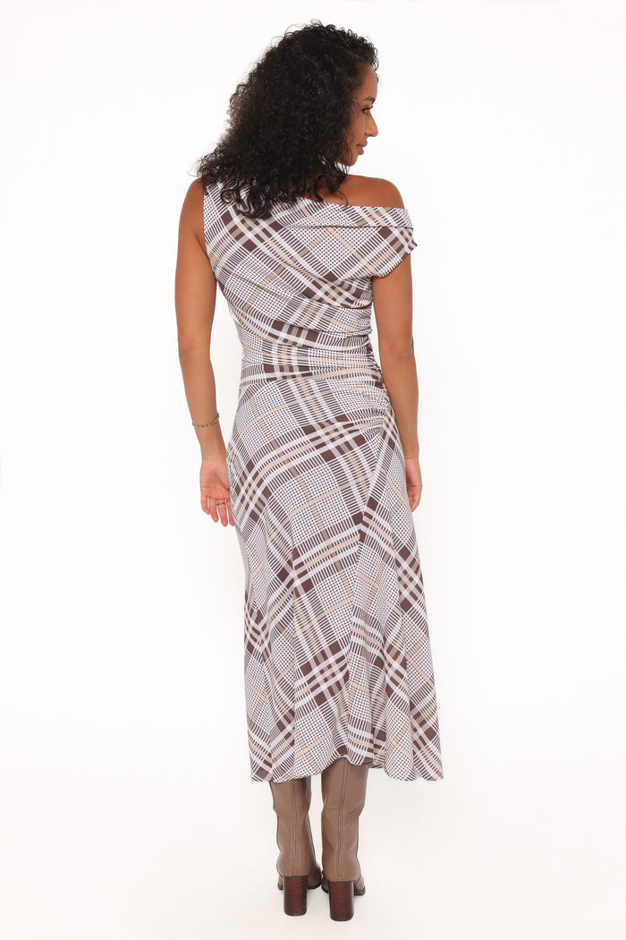 Petal and Pup USA DRESSES Dawn Off Shoulder Midi Dress - Plaid