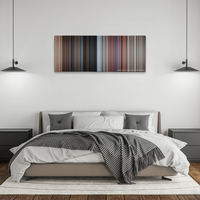 Death Proof color palette canvas above a bed, between two black pendant lamps