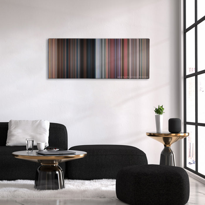 Death Proof color palette canvas above a black sofa with a gold-topped table