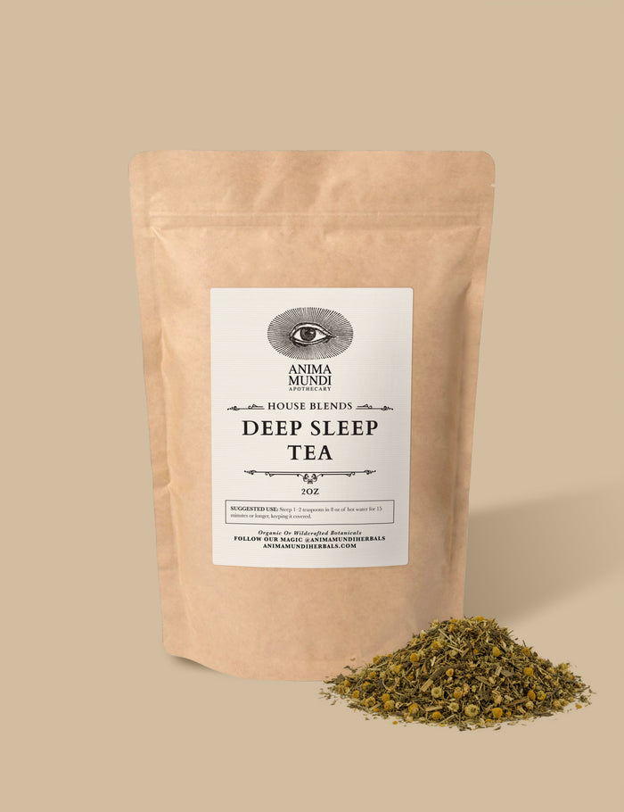 Package of Deep Sleep Tea with a label on a beige background