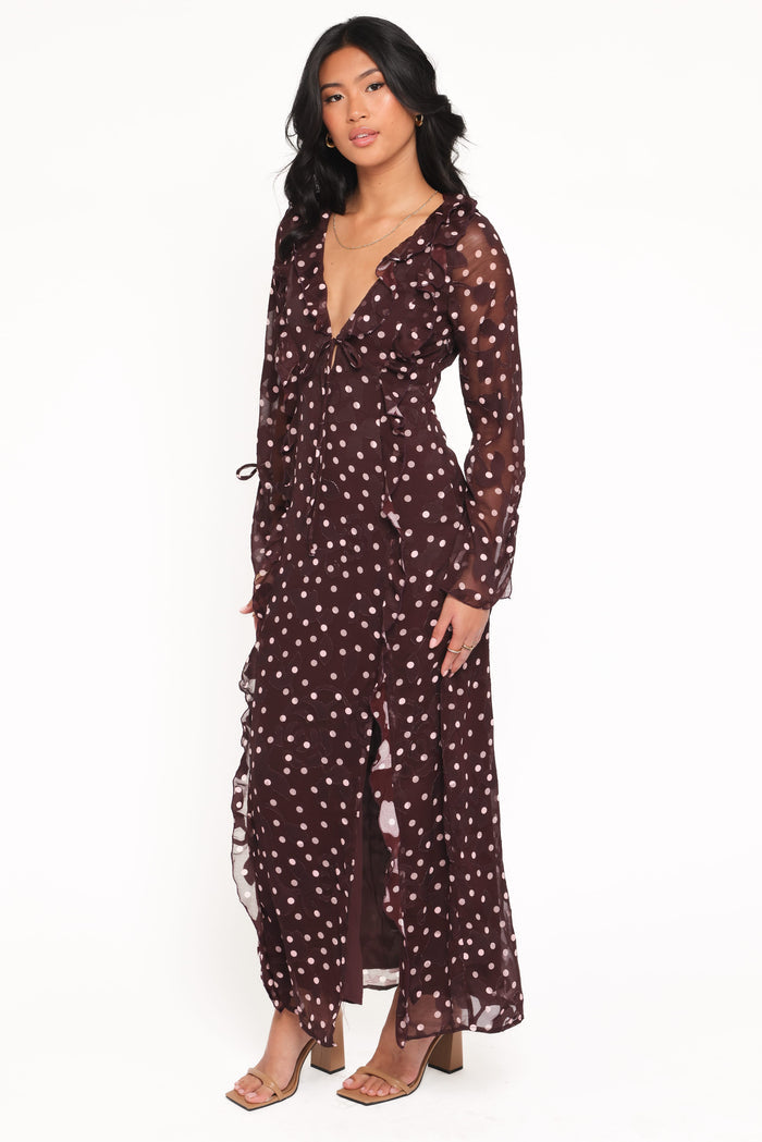 Petal and Pup USA DRESSES Delta Maxi Dress - Plum Polka Dot