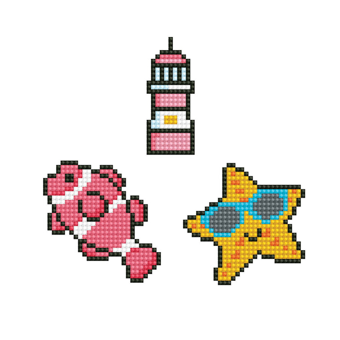 Create sea-themed crafts with Diamond Dotz Dotzies Stickers - Bubbles by Diamond Dotz, featuring pixel art of a pink and white lighthouse, a pink fish with white stripes, and a yellow starfish in blue sunglasses in cross-stitch style.