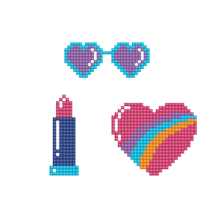 Pixel art illustration of heart sunglasses, pink lipstick, and a rainbow-striped heart—perfect inspiration for Diamond Dotz Dotzies Stickers - Cool by Diamond Dotz—set against a white background.
