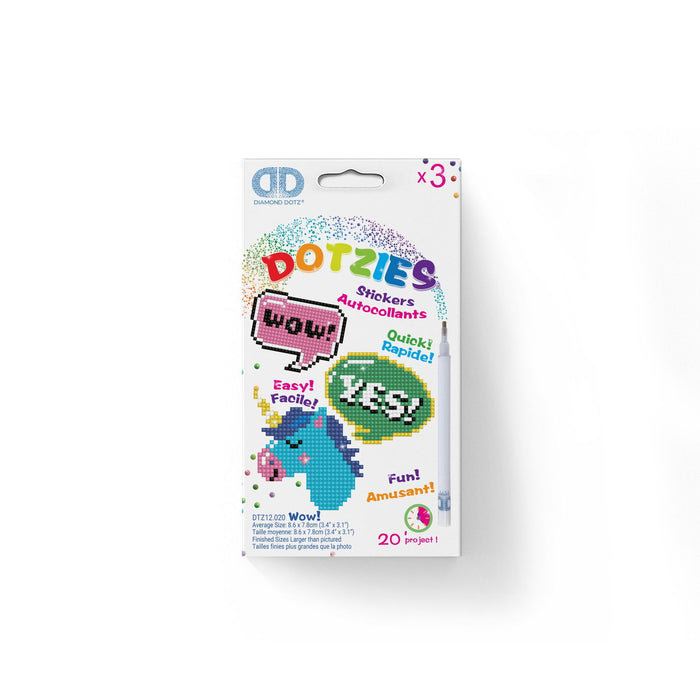 Diamond Dotz Dotzies Stickers - Wow by Diamond Dotz features colorful, pixelated sticker designs with words like “Wow!” and “Yes!”. The box includes 20 easy, quick, and fun Diamond Dotz projects.