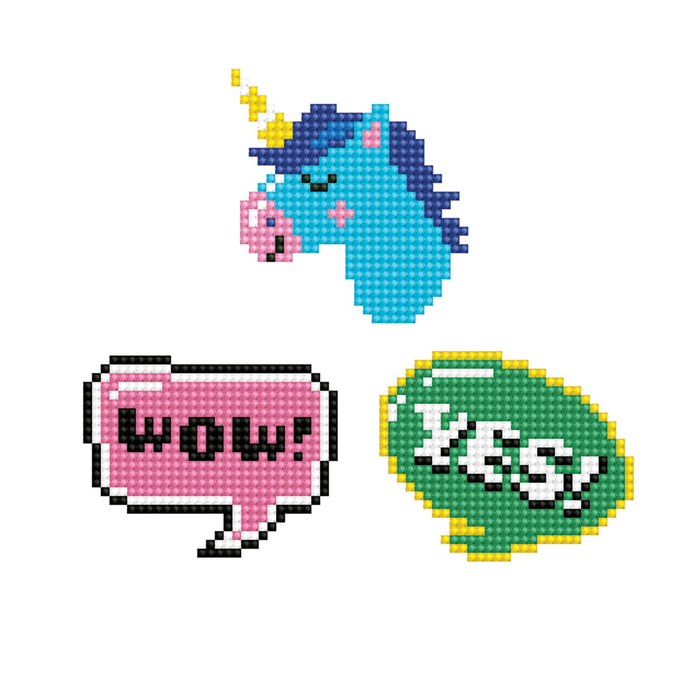 Diamond Dotz Dotzies Stickers - Wow by Diamond Dotz features pixel art of a blue unicorn head with a yellow horn, plus pink and green speech bubbles saying "WOW!" and "YES!" for a fun sticker design on white.