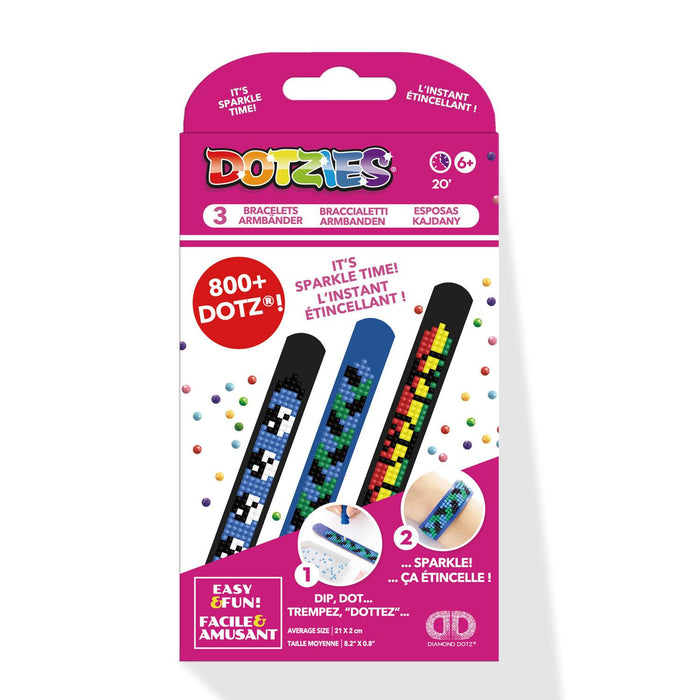 Diamond Dotz Peace Bracelets by Diamond Dotz is a DIY craft kit for kids ages 6+ with 3 bracelet bands, colorful dot patterns, and over 800 dotz. The packaging features images of the finished bracelets.