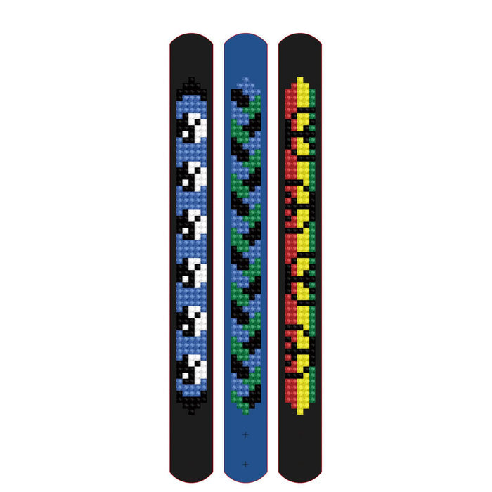 Three Diamond Dotz Peace Bracelets from Diamond Dotz feature pixel art patterns: blue with white and black, blue with green and black zigzags, and black with red, yellow, and green blocks—great for DIY bracelet making.