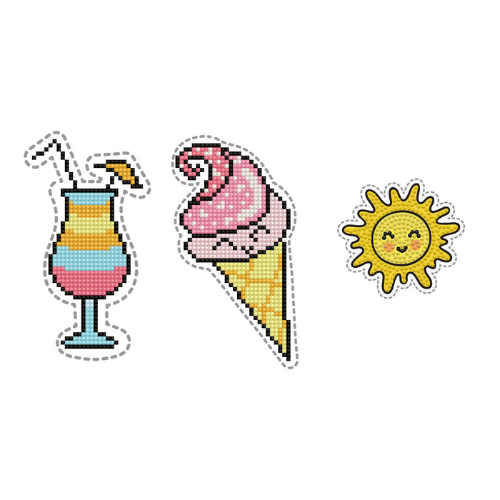 The Diamond Dotz Sunshine kit by Diamond Dotz features pixel art of a vibrant drink, a pink ice cream cone, and a smiling sun—each with dashed sticker-like edges. These cheerful designs are perfect additions to any kids’ craft collection.