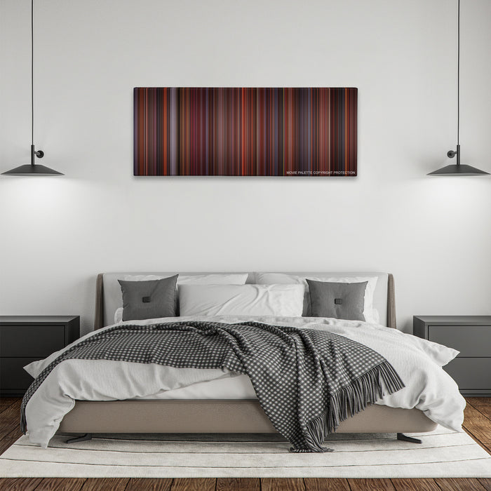 Die Hard 2 color palette canvas above a bed, between two black pendant lamps
