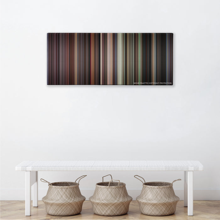 Donnie Brasco color palette canvas above a white bench with three woven baskets