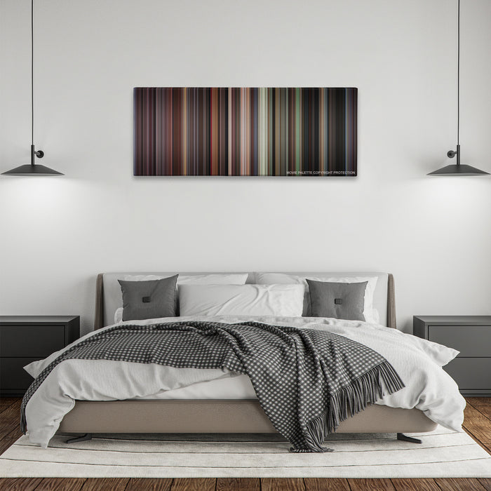 Donnie Brasco color palette canvas above a bed, between two black pendant lamps