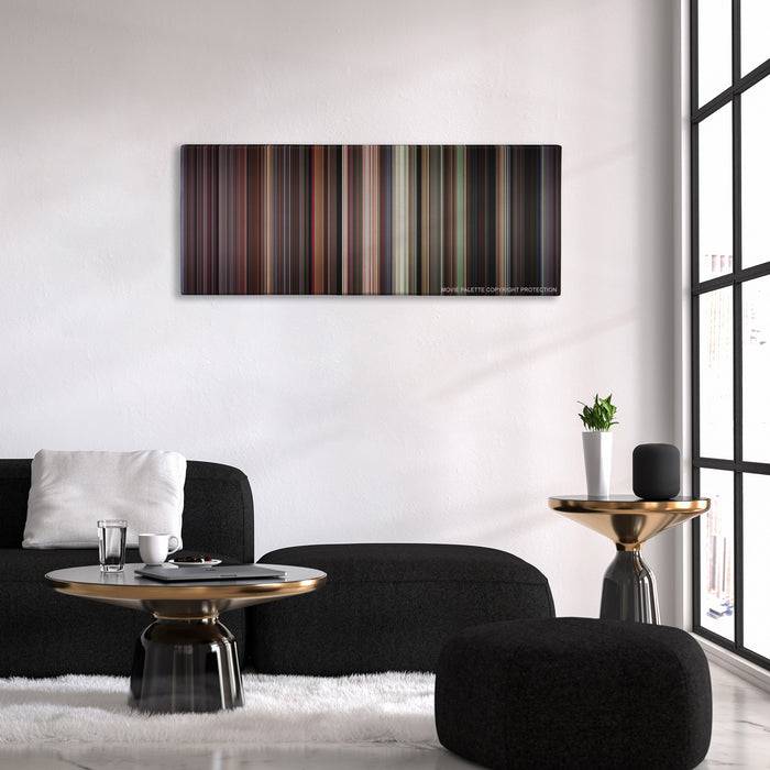 Donnie Brasco color palette canvas above a black sofa with a gold-topped table