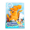 Moose Toys Doo Doo Kangaroo Game features an animated orange kangaroo toy on a white toilet, set in blue-tiled packaging. Includes images of two happy children playing. Perfect for family game night, for ages 3 and up.