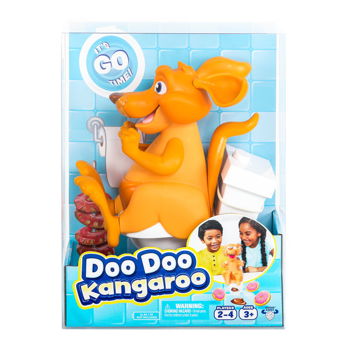 Moose Toys Doo Doo Kangaroo Game features an animated orange kangaroo toy on a white toilet, set in blue-tiled packaging. Includes images of two happy children playing. Perfect for family game night, for ages 3 and up.