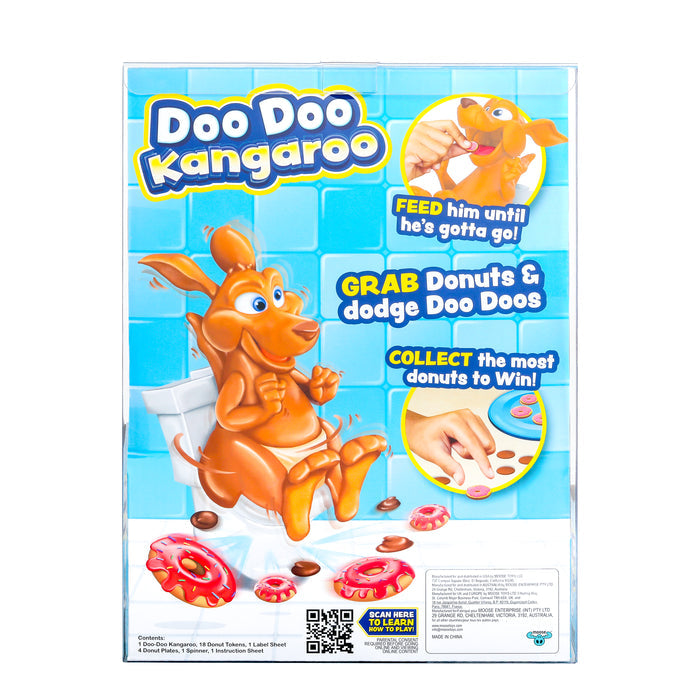 The image shows the box for Doo Doo Kangaroo Game by Moose Toys, a funny kids’ game with a cartoon kangaroo on a toilet. Feed him, grab donuts, dodge doo doos, and collect the most donuts to win family game night!.
