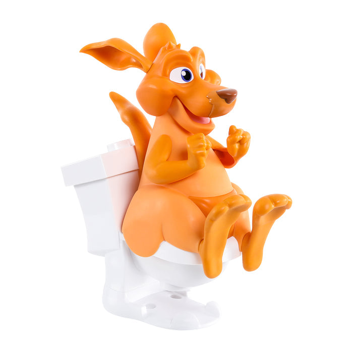 The Doo Doo Kangaroo Game by Moose Toys features an orange cartoon kangaroo toy with big eyes, sitting on a white plastic toilet—perfect for family game night fun.