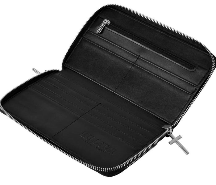inside view of black vegan leather wallet featuring a multi-compartment for cards. Wallet has silver hardware, zips with cross pulls, studs and D-rings.