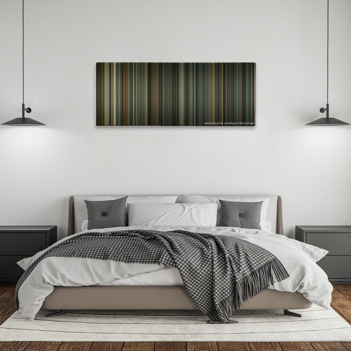 Downfall color palette canvas above a bed, between two black pendant lamps