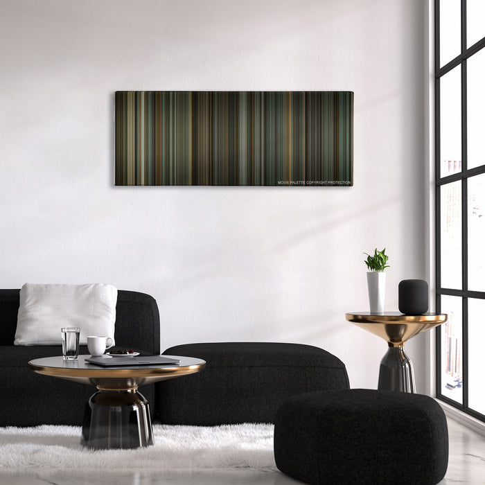 Downfall color palette canvas above a black sofa with a gold-topped table