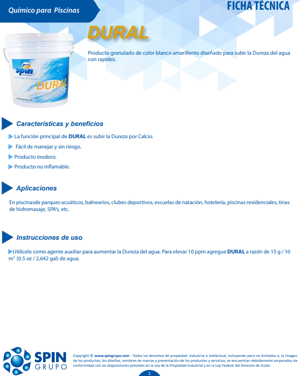 DURAL - cubeta 8.5 kg para ajuste de dureza de agua de piscinas.