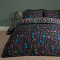 Black floral super king size duvet cover set with vibrant flowers on black background