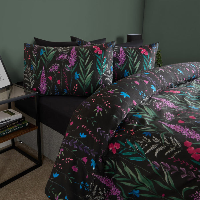 Black floral super king size bedding set showing full duvet and pillowcases