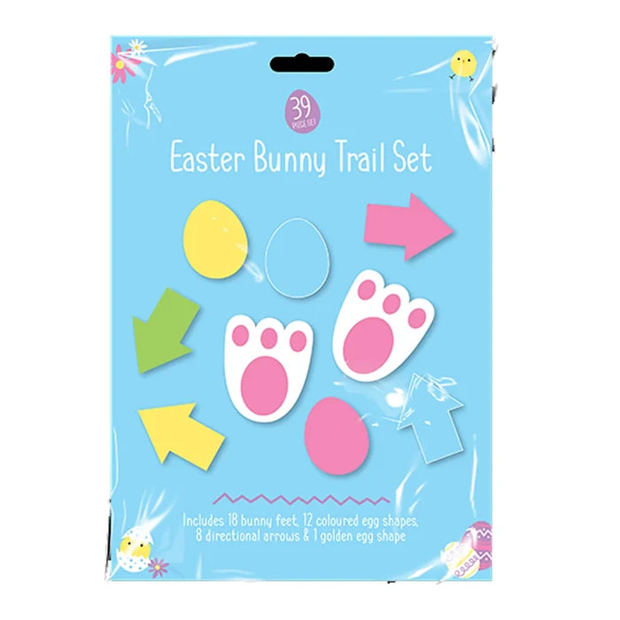 Easter bunny trail set with footprints, egg shapes, arrows and golden egg for children’s Easter egg hunt activity indoors or outdoors