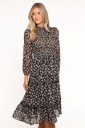 Petal and Pup USA DRESSES Edwina Shirred Frill Long Sleeve Midi Dress - Black Ditsy Floral